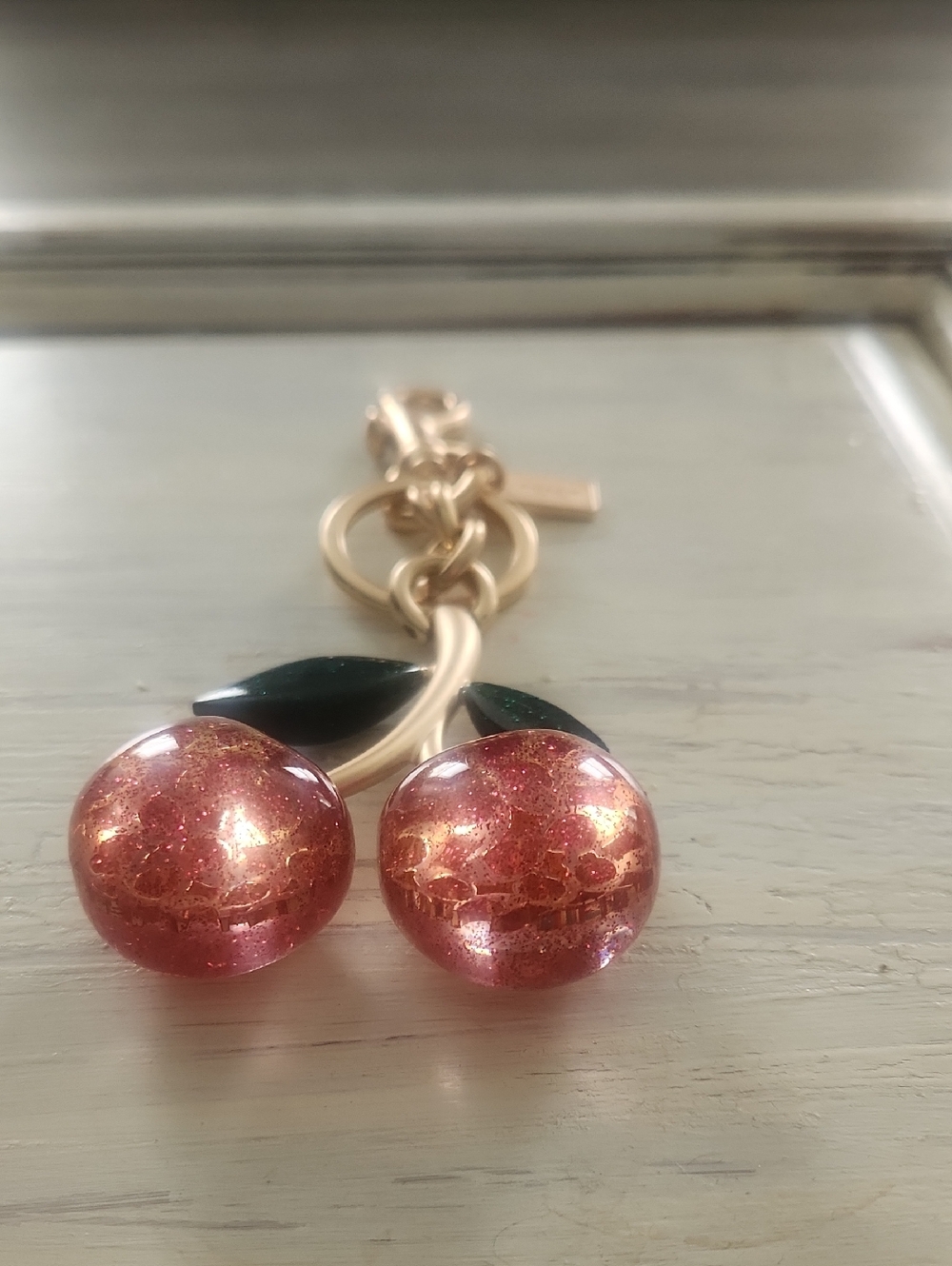 Cherry Charm Keychain in Sparkling Rose Gold